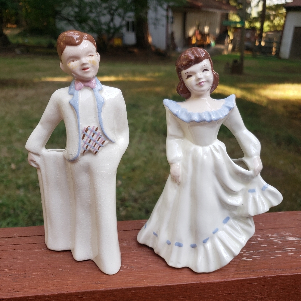Vintage Florence Ceramics Man & Women Figurine & Flower Holder/Planter WITH WEAR
